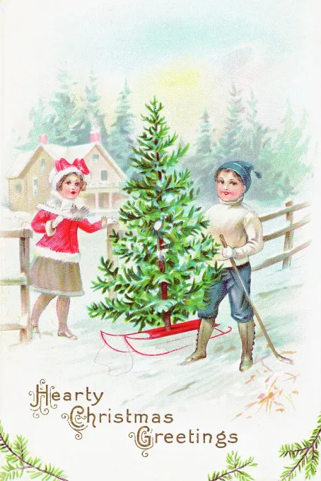 Framed Print : Illustration for a Christmas Card with Children Carting a Christmas Tree on a Sleigh Framed Print : Illustration for a Christmas Card with Children Carting a Christmas Tree on a Sleigh