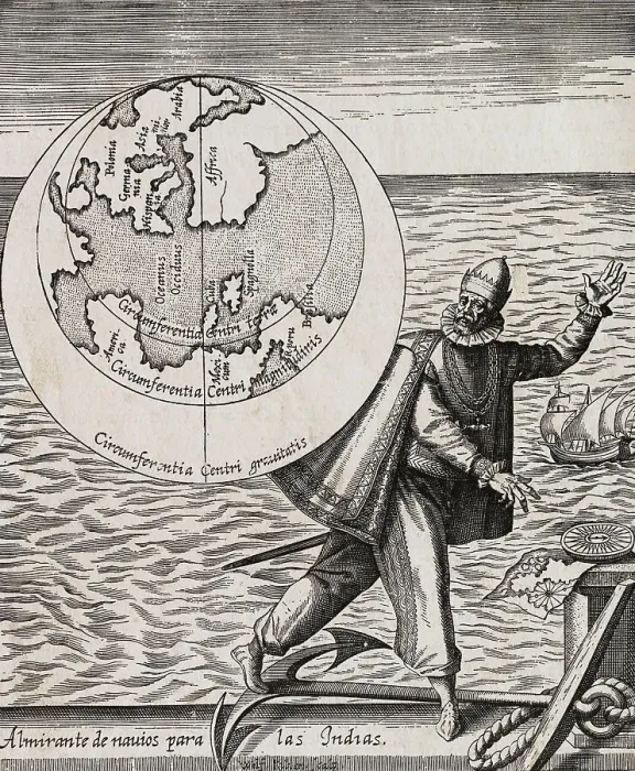 Framed Print : Illustration of Christopher Columbus with Globe and the Sea Framed Print : Illustration of Christopher Columbus with Globe and the Sea