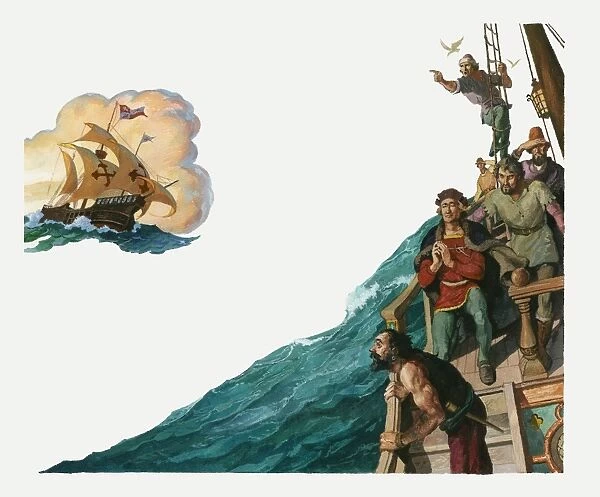 Illustration of Christopher Columbus in the Santa Maria ship and his crew looking for land