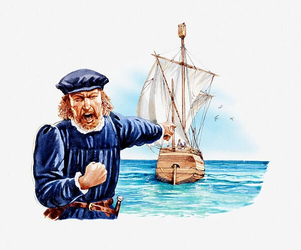 Illustration of Christopher Columbus shouting, shaking his fist and pointing at ship, the Pinta, out at sea