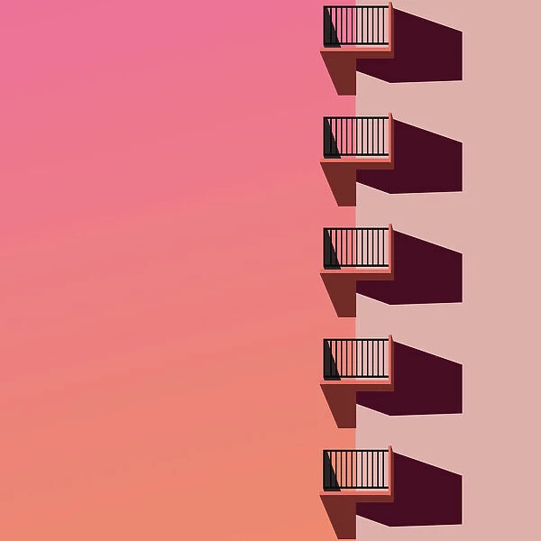 Illustration of city building with balconies and sunset gradient sky