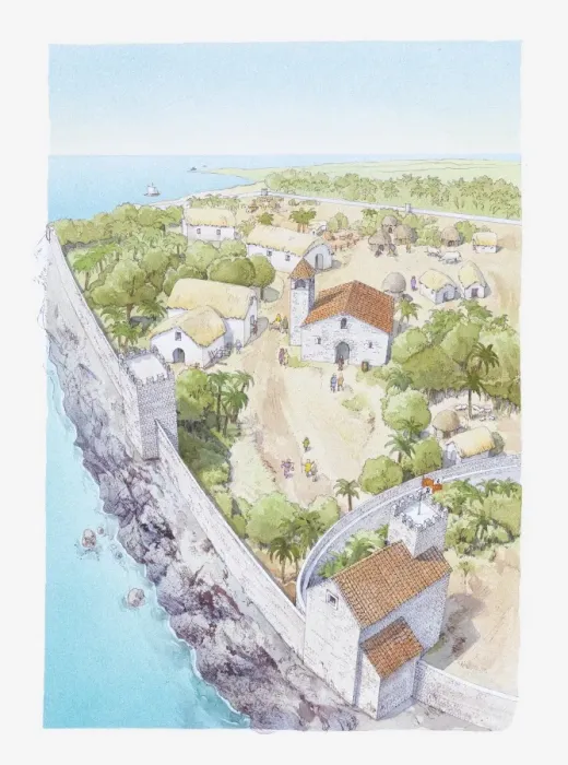 Framed Print : Illustration of the city Columbus began to build when he returned to Hispaniola Framed Print : Illustration of the city Columbus began to build when he returned to Hispaniola