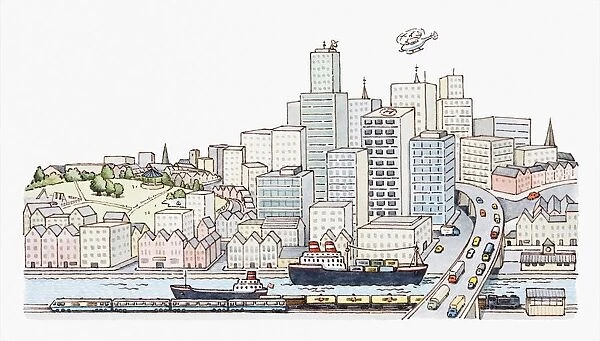 Illustration of a city with skyscrapers, ships on river, and cars crossing a bridge