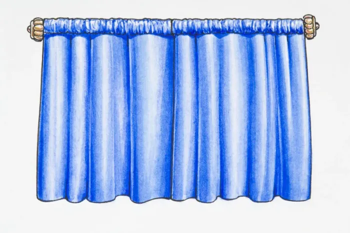 Framed Print : Illustration of closed blue curtains on curtain rail