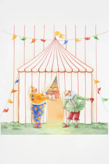 Framed Print : Illustration, two clowns holding back curtain in entrance to circus tent with inviting gestures, revealing acrobats performing in ring inside and audience in background, front view Framed Print : Illustration, two clowns holding back curtain in entrance to circus tent with inviting gestures, revealing acrobats performing in ring inside and audience in background, front view