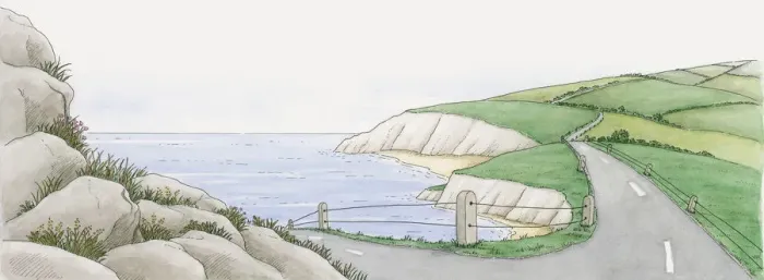 Framed Print : Illustration of coastal road above white cliffs Framed Print : Illustration of coastal road above white cliffs