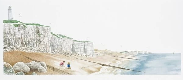 Illustration of coastline with lighthouse atop white cliffs, sea, and people sitting on beach below