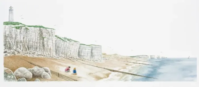 Framed Print : Illustration of coastline with lighthouse atop white cliffs, sea, and people sitting on beach below Framed Print : Illustration of coastline with lighthouse atop white cliffs, sea, and people sitting on beach below