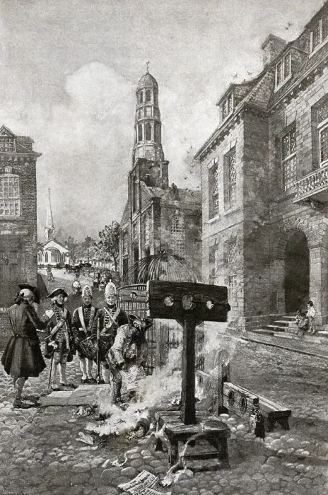 Framed Print : Illustration of Colonists Burning Newspaper in Street Framed Print : Illustration of Colonists Burning Newspaper in Street