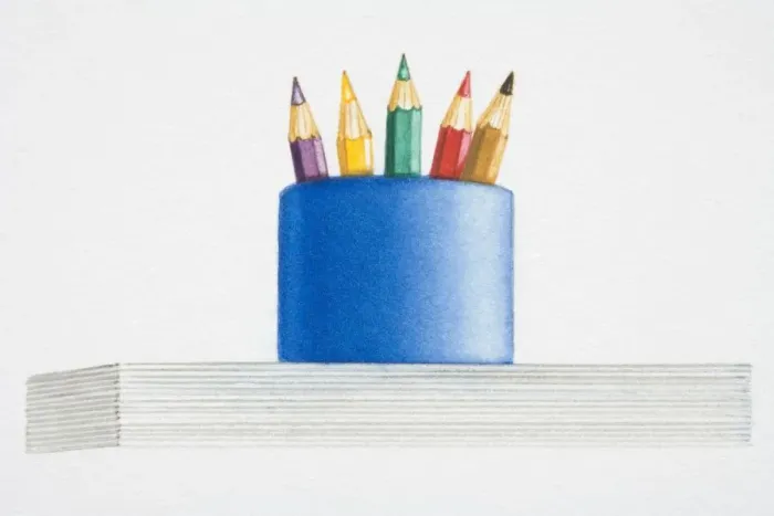 Framed Print : Illustration, coloured pencils in blue jar, low angle view