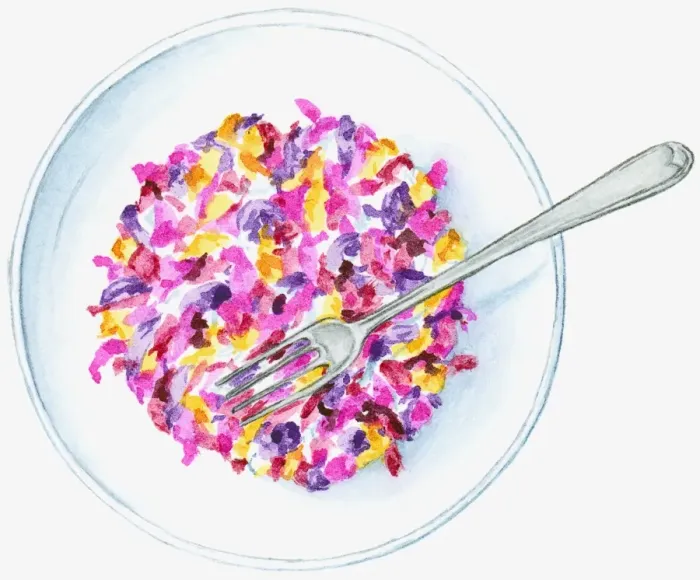 Framed Print : Illustration of colourful mashed petals in white bowl with fork on top Framed Print : Illustration of colourful mashed petals in white bowl with fork on top