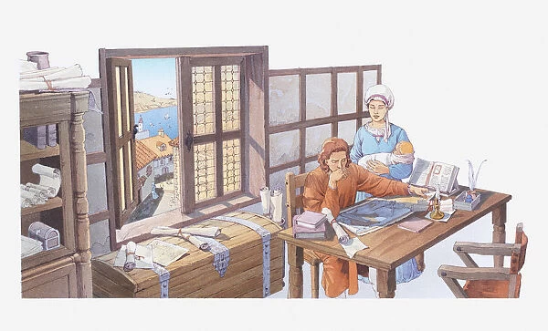 Illustration of Columbus at home with his wife and baby boy, studying maps of the Atlantic