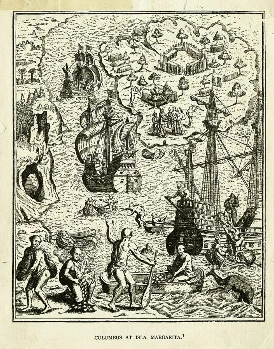 Framed Print : Illustration of Columbus at Isla Margarita Framed Print : Illustration of Columbus at Isla Margarita