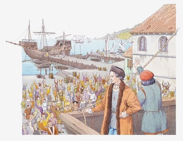 Illustration of Columbus returning to Spain in 1493, greeted by cheering crowds