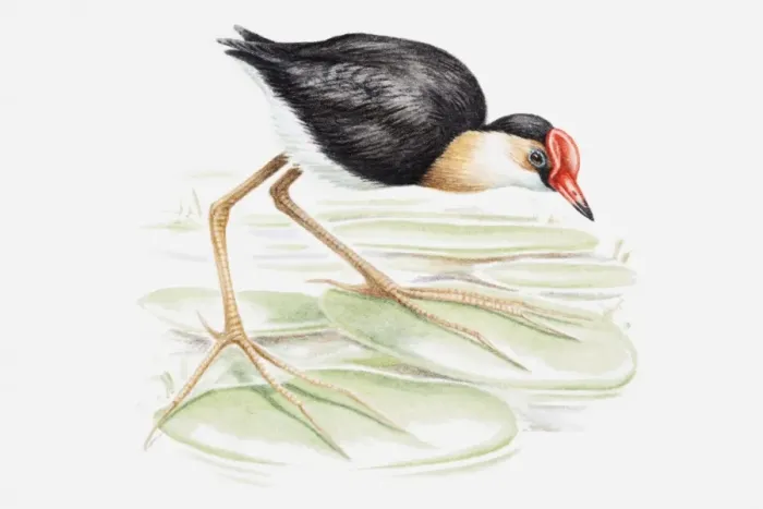 Framed Print : Illustration of a Comb-crested jacana, also known as Lilytrotter (Irediparra gallinacea) on a lily pad, side view Framed Print : Illustration of a Comb-crested jacana, also known as Lilytrotter (Irediparra gallinacea) on a lily pad, side view
