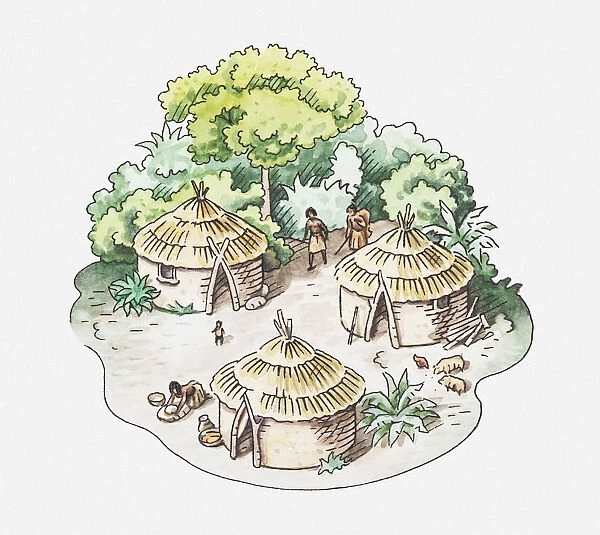 Illustration of conical huts in tribal village