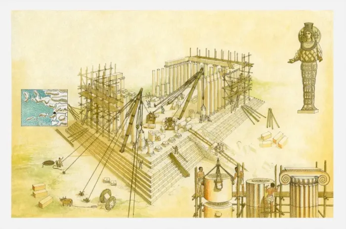Framed Print : Illustration of construction work at the ancient Temple of Artemis Framed Print : Illustration of construction work at the ancient Temple of Artemis