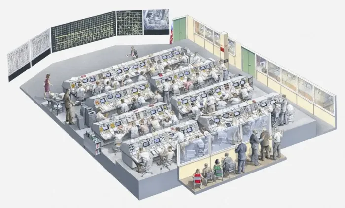Framed Print : Illustration of the control room of the Apollo 11 space mission Framed Print : Illustration of the control room of the Apollo 11 space mission