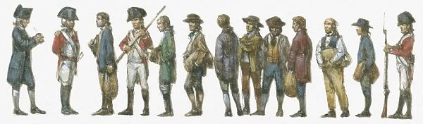 Illustration of convicts standing in disembarking line at Sydney Cove guarded by British army Redcoats