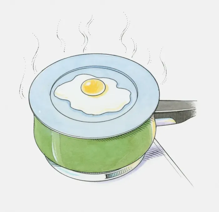 Framed Print : Illustration of cooking egg on heatproof plate over pan of boiling water