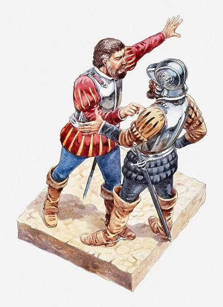 Illustration of Cortes and his captain Pedro de Alvarado during a confrontation