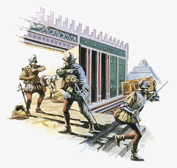 Illustration of Cortes and soldiers leaving city of Tenochtitlan as others loot gold