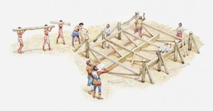 Framed Print : Illustration of Cortes watching craftsmen constructing hull of ship and Aztec slaves carrying wood Framed Print : Illustration of Cortes watching craftsmen constructing hull of ship and Aztec slaves carrying wood
