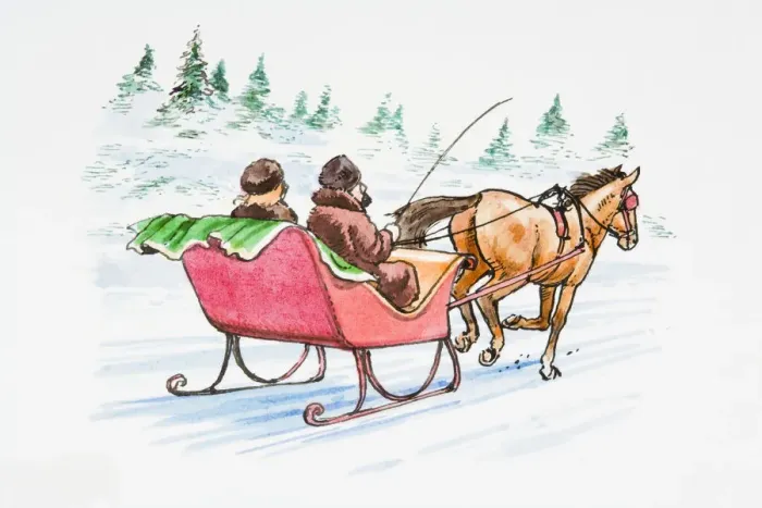 Framed Print : Illustration of couple in horsedrawn sledge in snow Framed Print : Illustration of couple in horsedrawn sledge in snow
