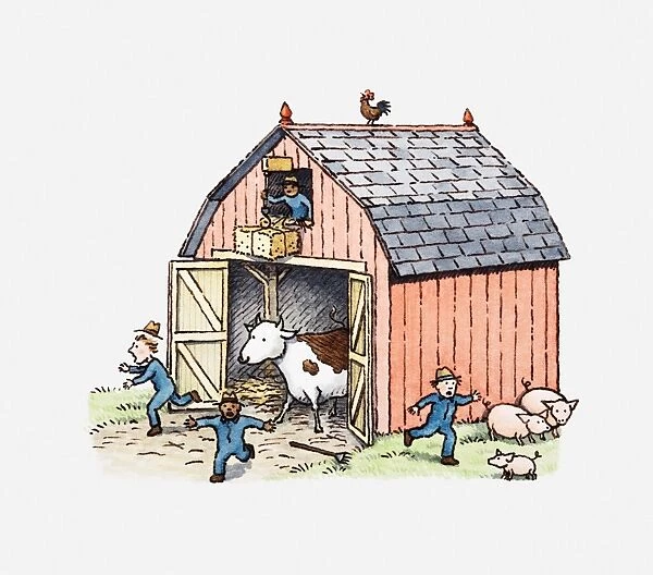 Illustration of cow emerging from a barn and people running away