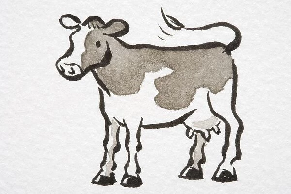 Illustration, Cow standing with its tail flipped up, side view
