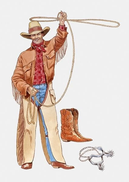 Illustration of cowboy with lasso, spurs and boots