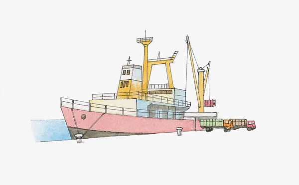Illustration of crane unloading cargo from ship on to lorries on dockside