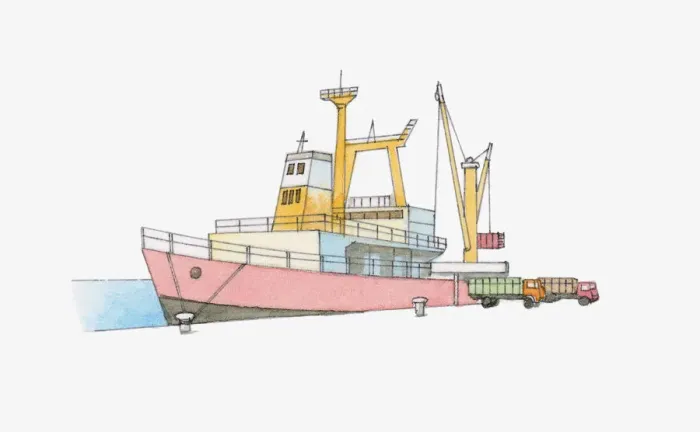 Framed Print : Illustration of crane unloading cargo from ship on to lorries on dockside Framed Print : Illustration of crane unloading cargo from ship on to lorries on dockside