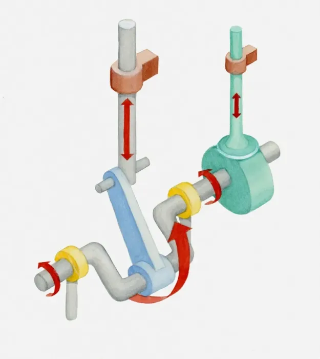 Framed Print : Illustration of a crank consisting of driving rod, rotating arm and cam, red arrows indicating the direction of movement Framed Print : Illustration of a crank consisting of driving rod, rotating arm and cam, red arrows indicating the direction of movement