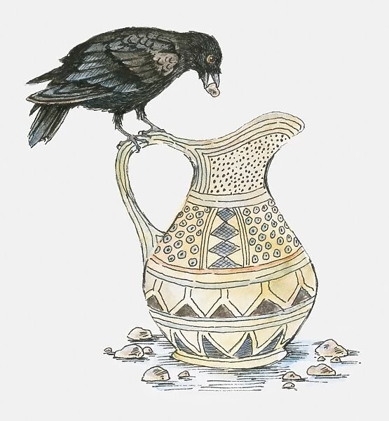 Illustration of crow perching on edge of jug with stone in beak