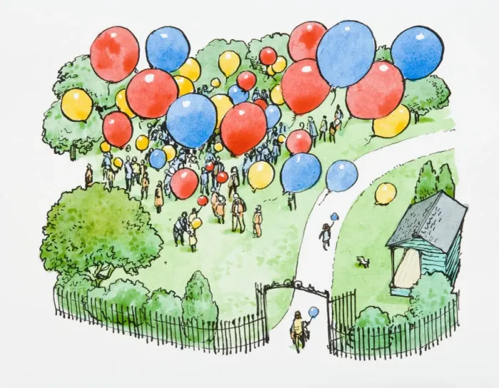 Framed Print : Illustration of crowd standing park releasing multi coloured balloons into the air Framed Print : Illustration of crowd standing park releasing multi coloured balloons into the air