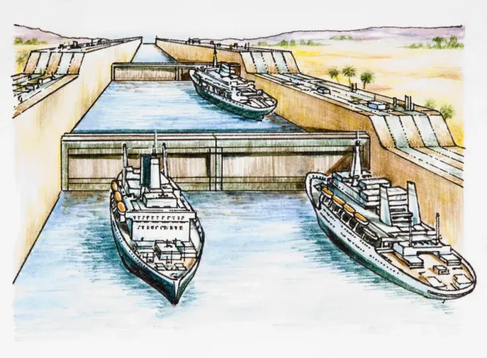 Framed Print : Illustration of cruise ships in row of canal locks Framed Print : Illustration of cruise ships in row of canal locks
