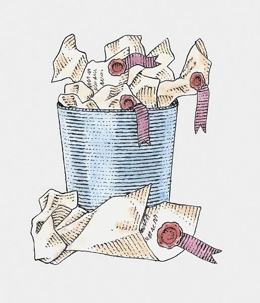 Illustration of crumpled parchment with seals in and next to wastepaper bin