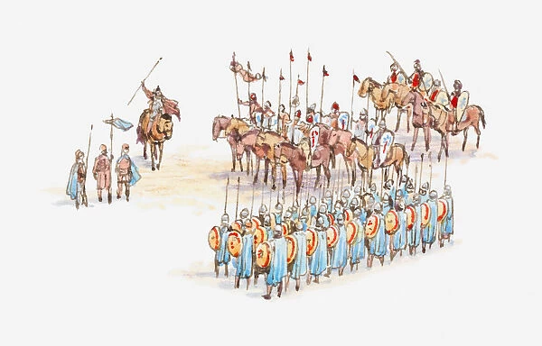 Illustration of Crusaders preparing for battle on foot and on horseback