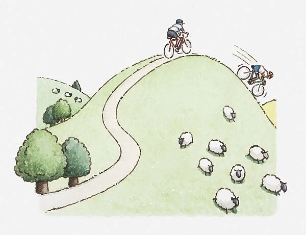 Illustration of cyclists racing up and down a hill