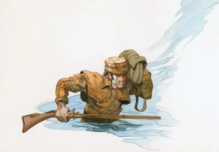 Framed Print : Illustration of Davy Crockett waist deep In river holding rifle and carrying rucksack above water Framed Print : Illustration of Davy Crockett waist deep In river holding rifle and carrying rucksack above water