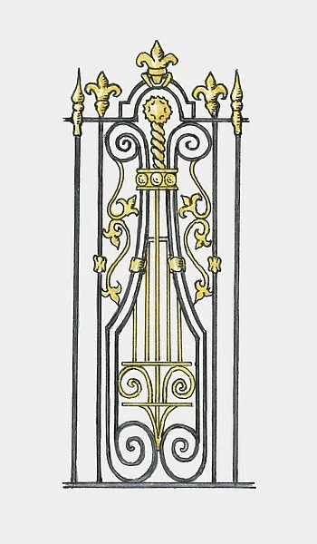 Illustration of decorative French Baroque gilded iron screen