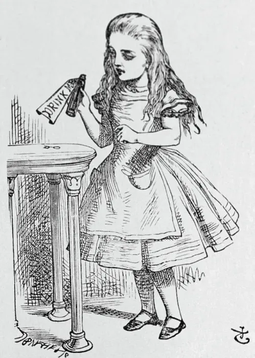 Framed Print : Illustration Depicting Alice Holding the Bottle Labelled Drink Me by John Tenniel Framed Print : Illustration Depicting Alice Holding the Bottle Labelled Drink Me by John Tenniel
