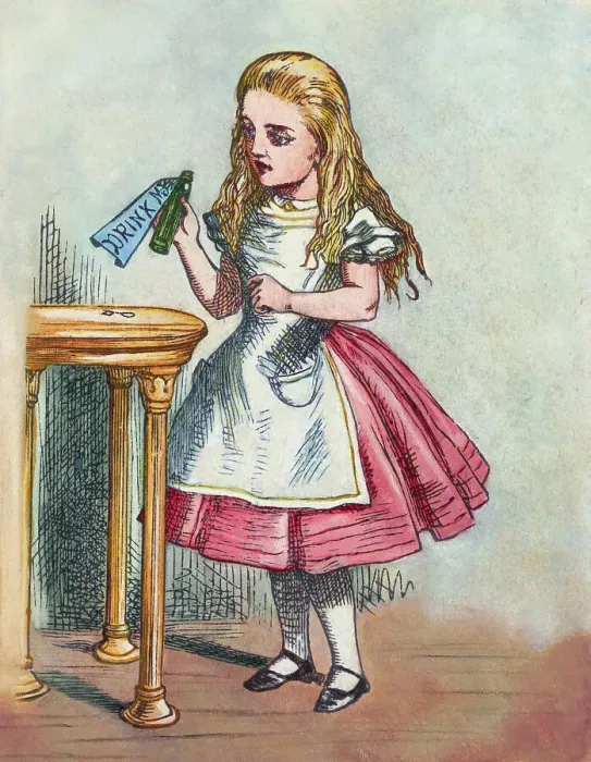 Framed Print : Illustration Depicting Alice Holding the Bottle Labelled Drink Me after John Tenniel Framed Print : Illustration Depicting Alice Holding the Bottle Labelled Drink Me after John Tenniel