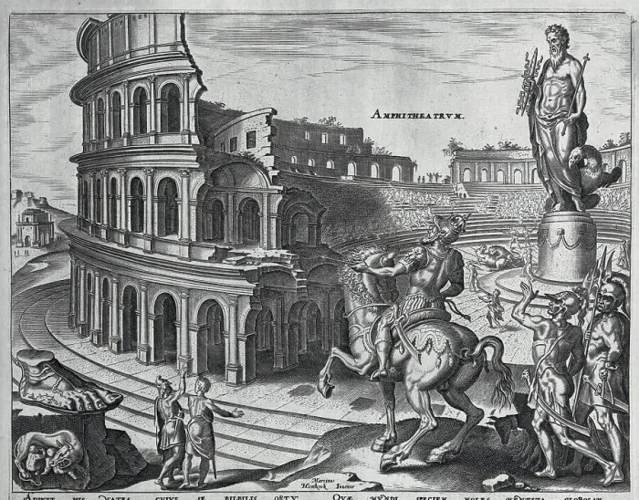 Framed Print : Illustration Depicting Roman Theater with Statues and Performers Framed Print : Illustration Depicting Roman Theater with Statues and Performers