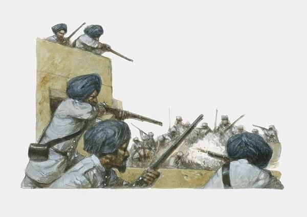 Illustration depicting sepoy firing on British soldiers during Indian Rebellion of 1857