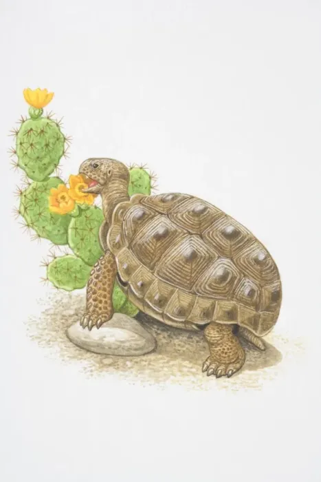 Framed Print : Illustration, Desert Tortoise (Gopherus agassizii) feeding on flowering cactus plant, side view