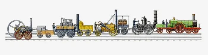 Framed Print : Illustration of development of British and American steam trains of the 19th century from 1803 to 1874
