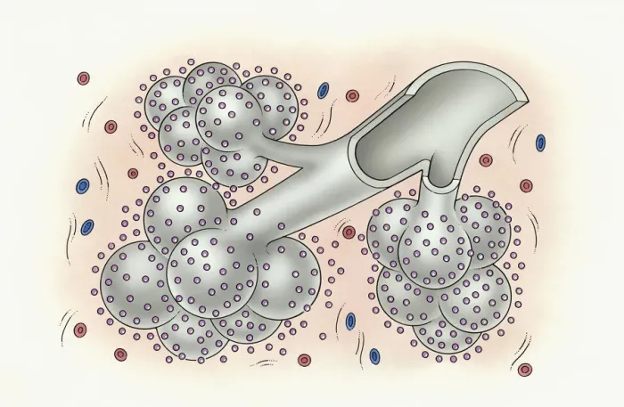 Framed Print : Illustration of development of idiopathic pulmonary fibrosis showing bronchus and alveolus covered in small inorganic particles