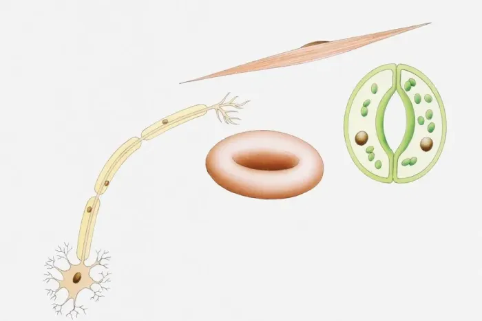 Framed Print : Illustration of different types of cells, nerve cells, red blood cell, muscle cell, and guard cells of a leaf Framed Print : Illustration of different types of cells, nerve cells, red blood cell, muscle cell, and guard cells of a leaf